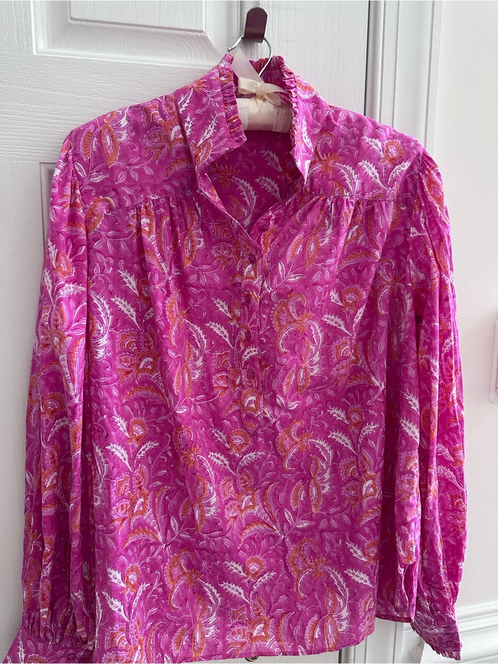 Buggy NYC Zoe Blouse Paisley Boho Resort Cotton Hot Pink Orange Ruffle Top